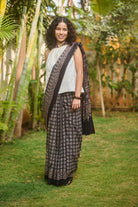 Ajrakh black mul cotton saree