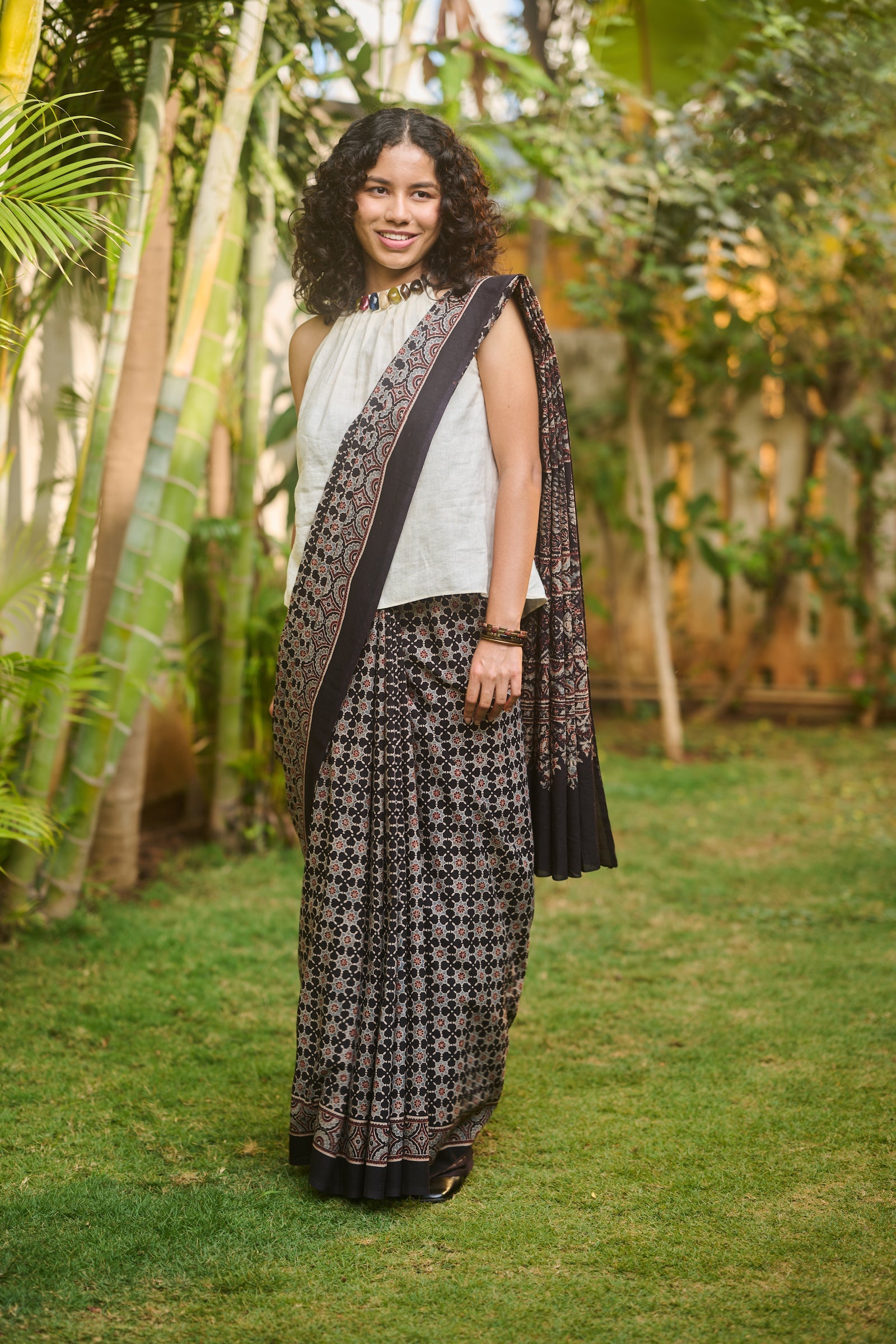 Ajrakh black mul cotton saree