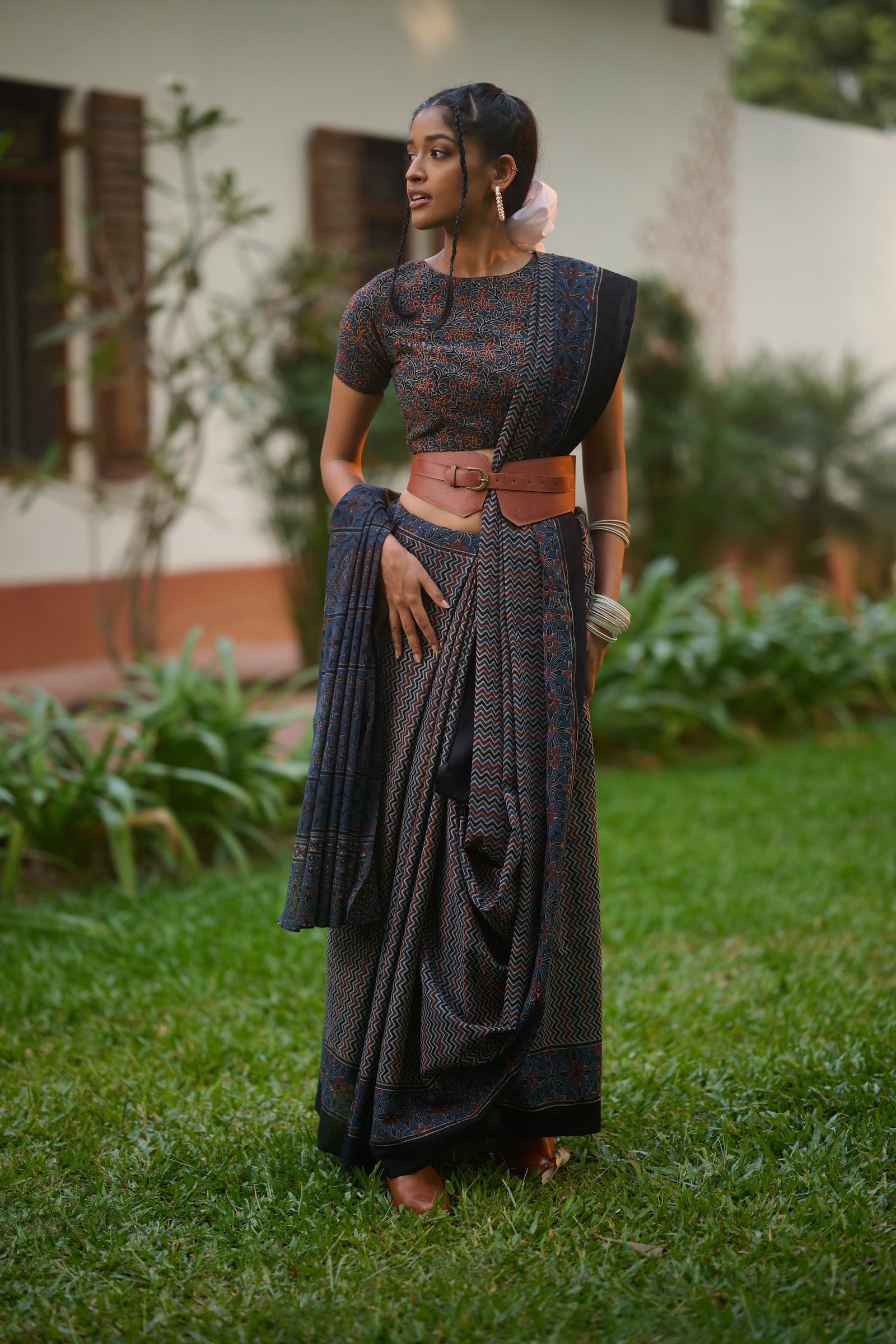 Ajrakh blue mul cotton saree