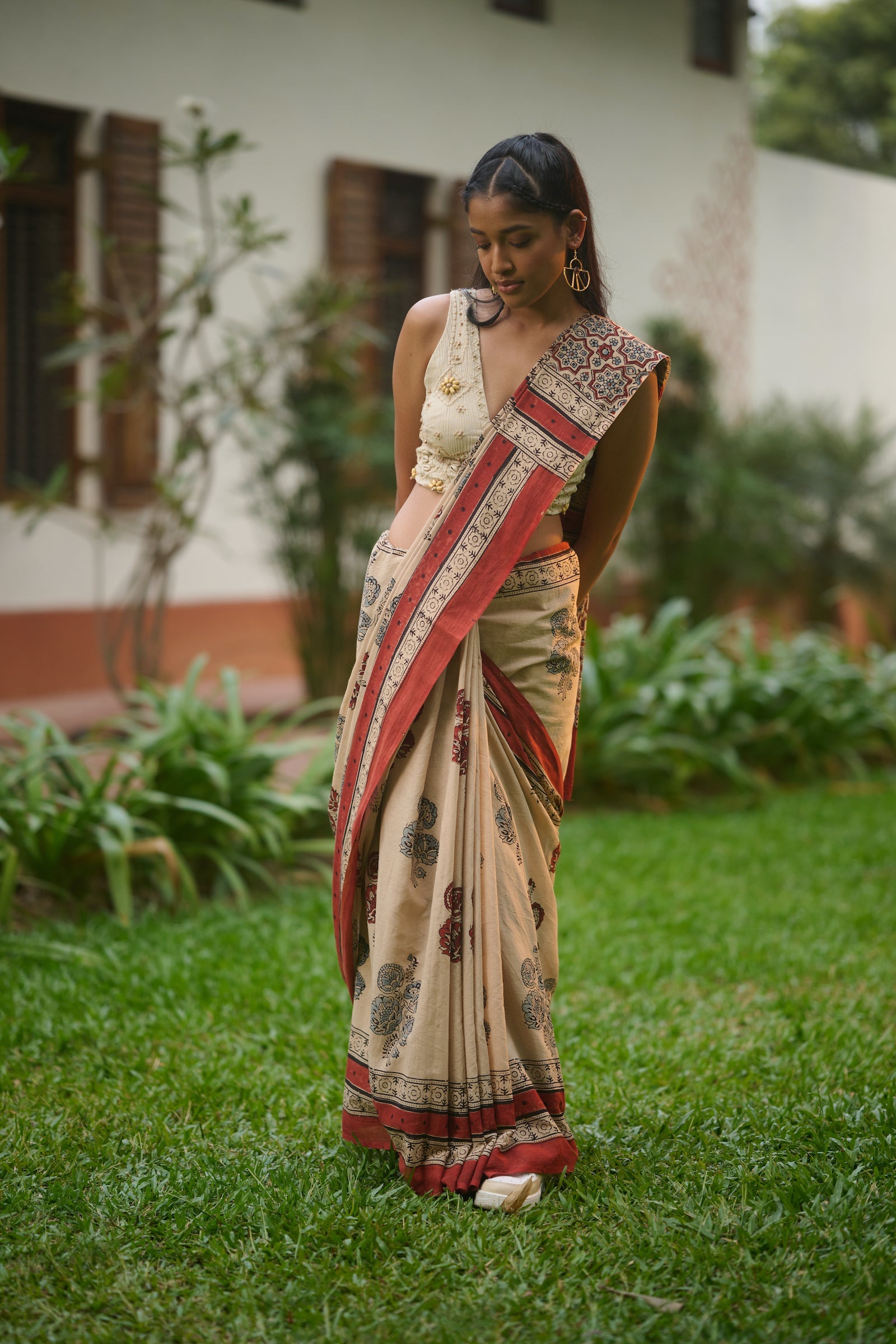 Ajrakh cream mul cotton saree