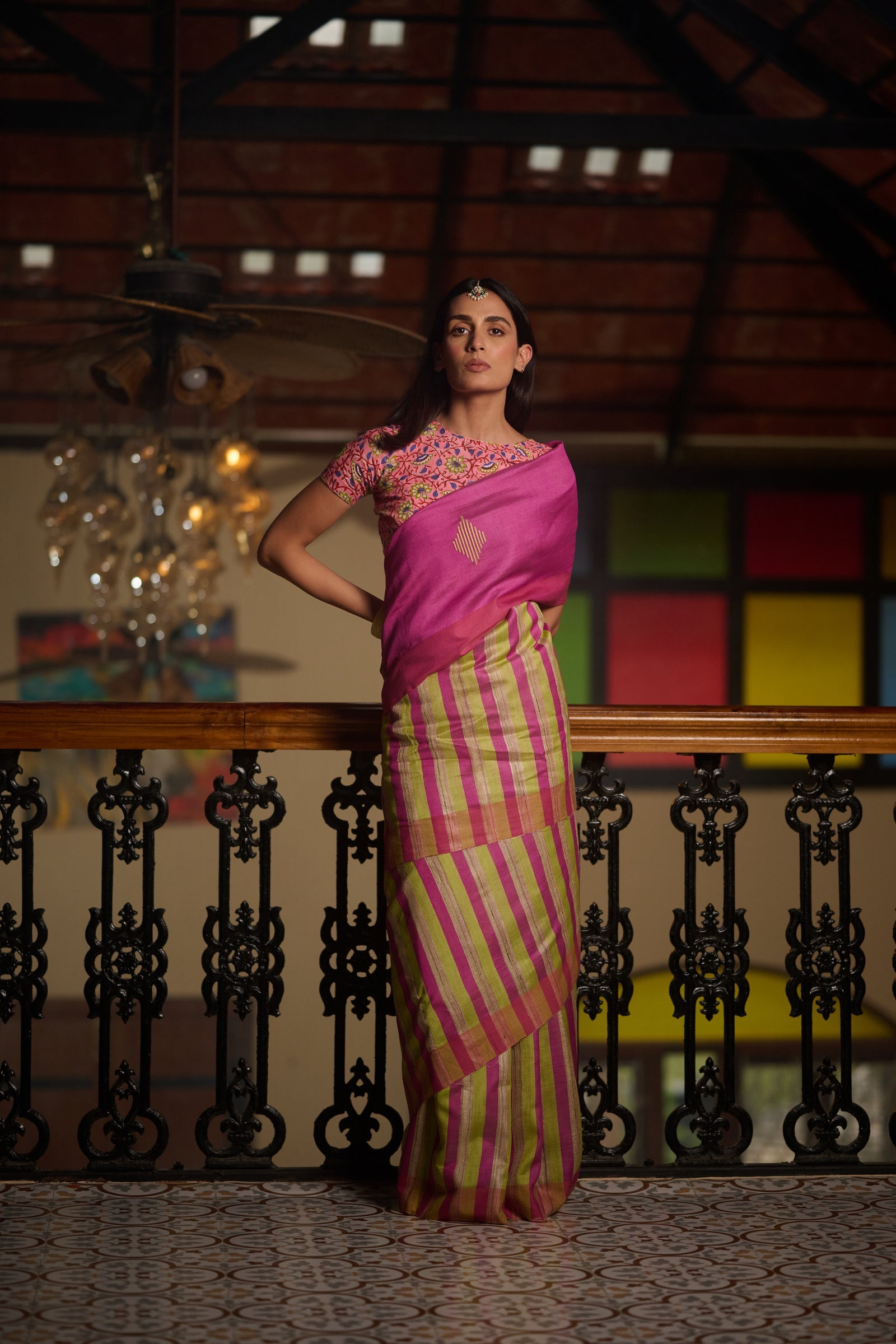Pink-green stripe silk saree