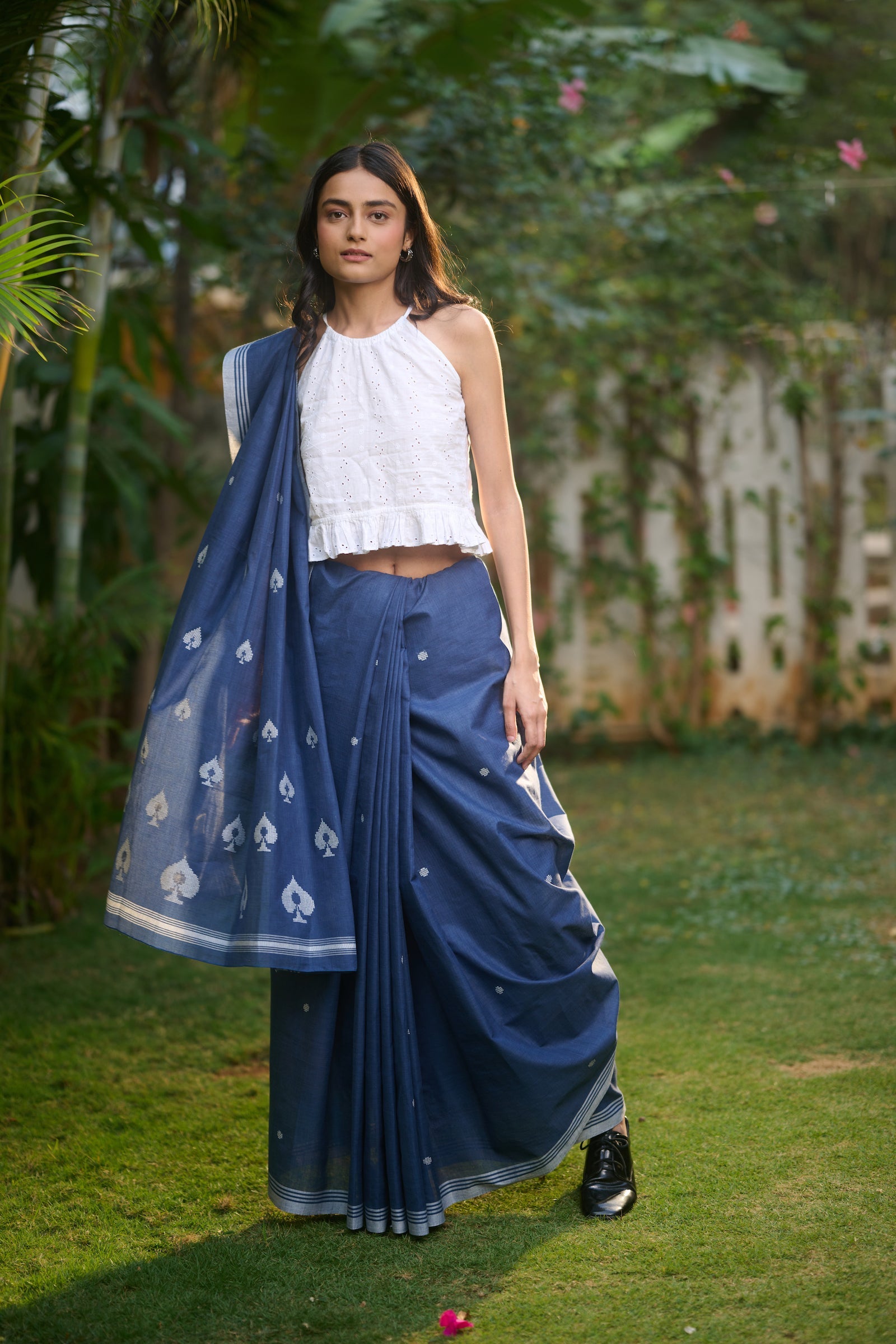Blue cotton baawan buti saree
