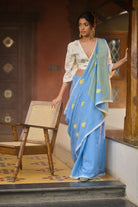 Denim blue cotton baawan buti saree