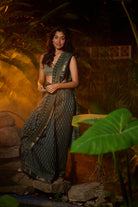 Bagru print forest green saree