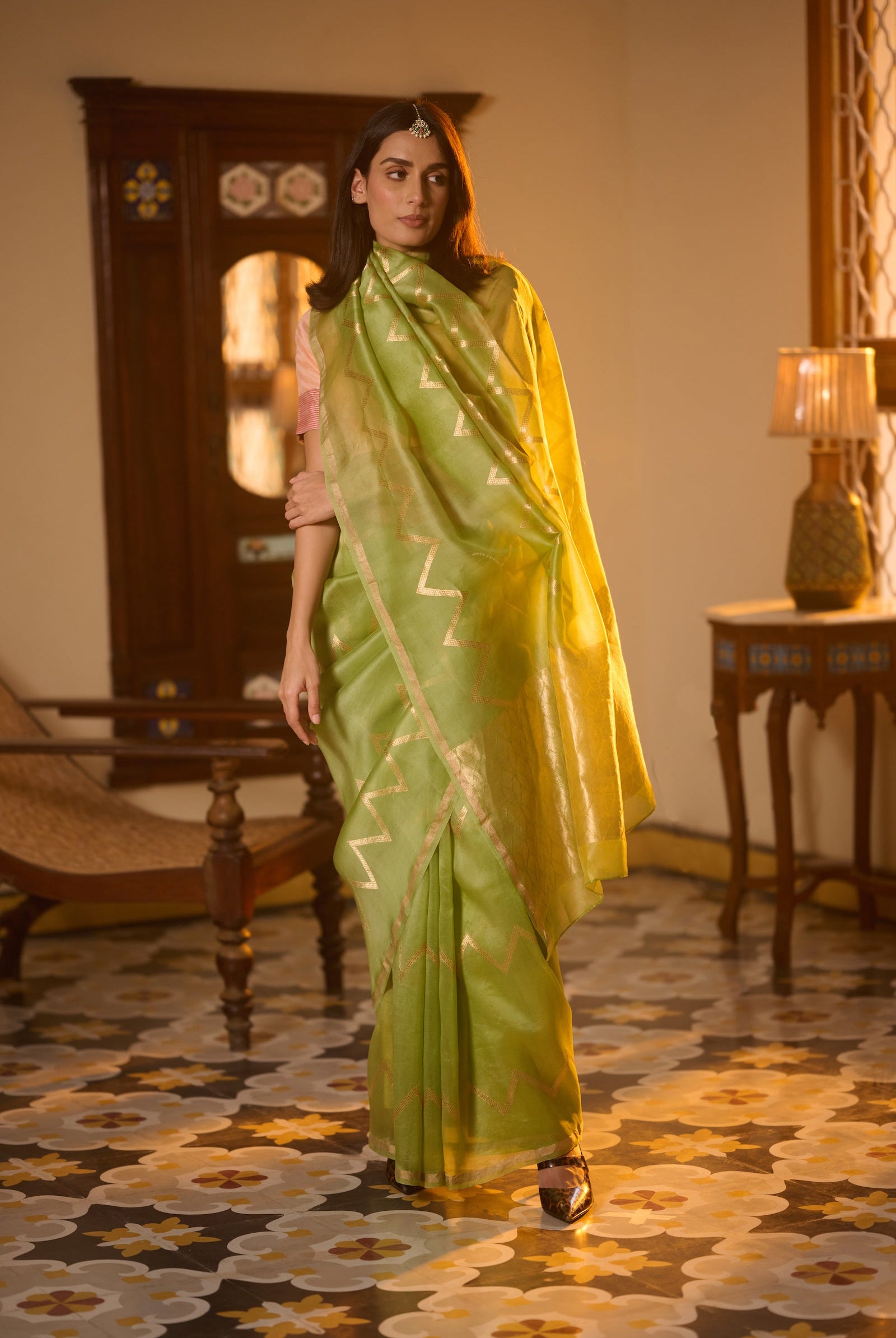 Banarasi organza silk green saree