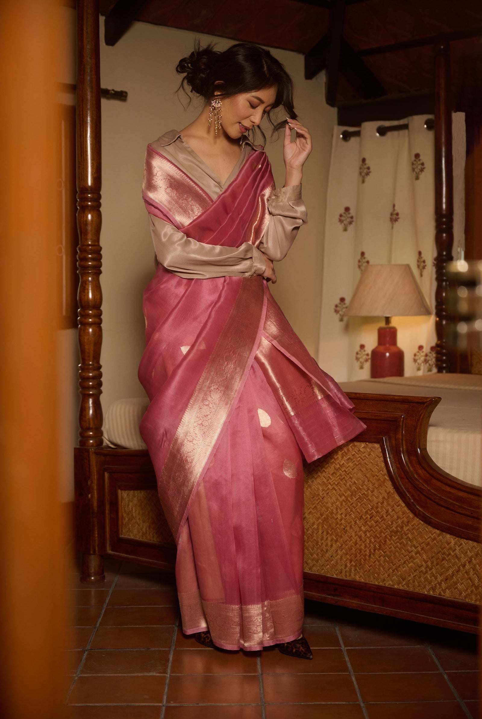 Banarasi organza silk pink saree