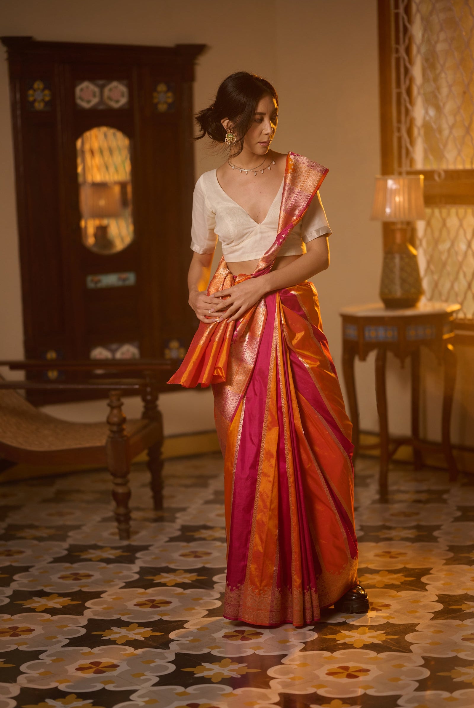 Banarasi kattan silk pink orange saree