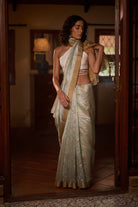 Chanderi silk green- white stripe saree