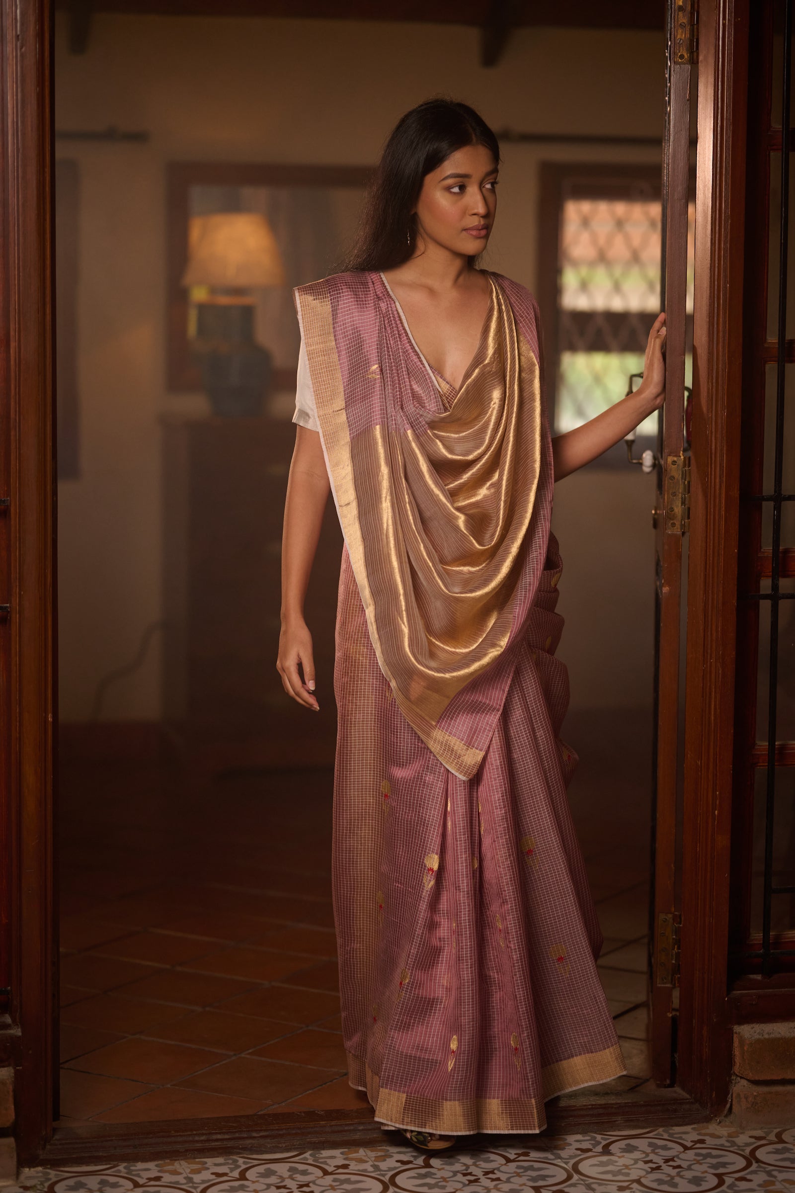 Chanderi silk pink checks saree