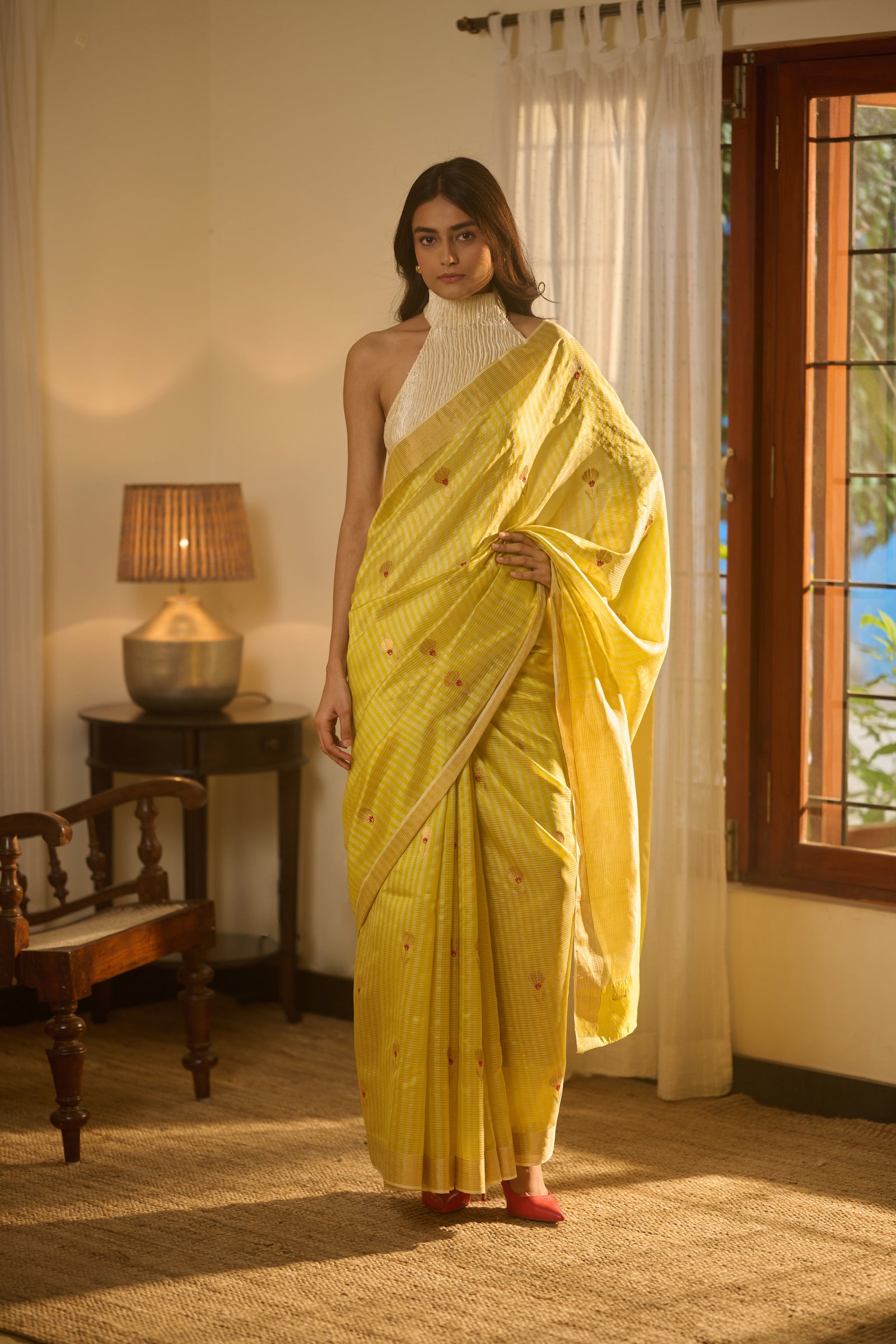 Chanderi silk green checks silk saree