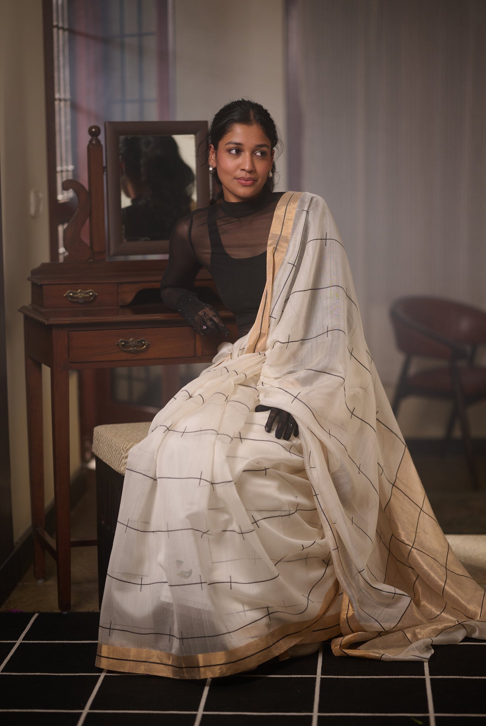 Chanderi silk-cotton white saree