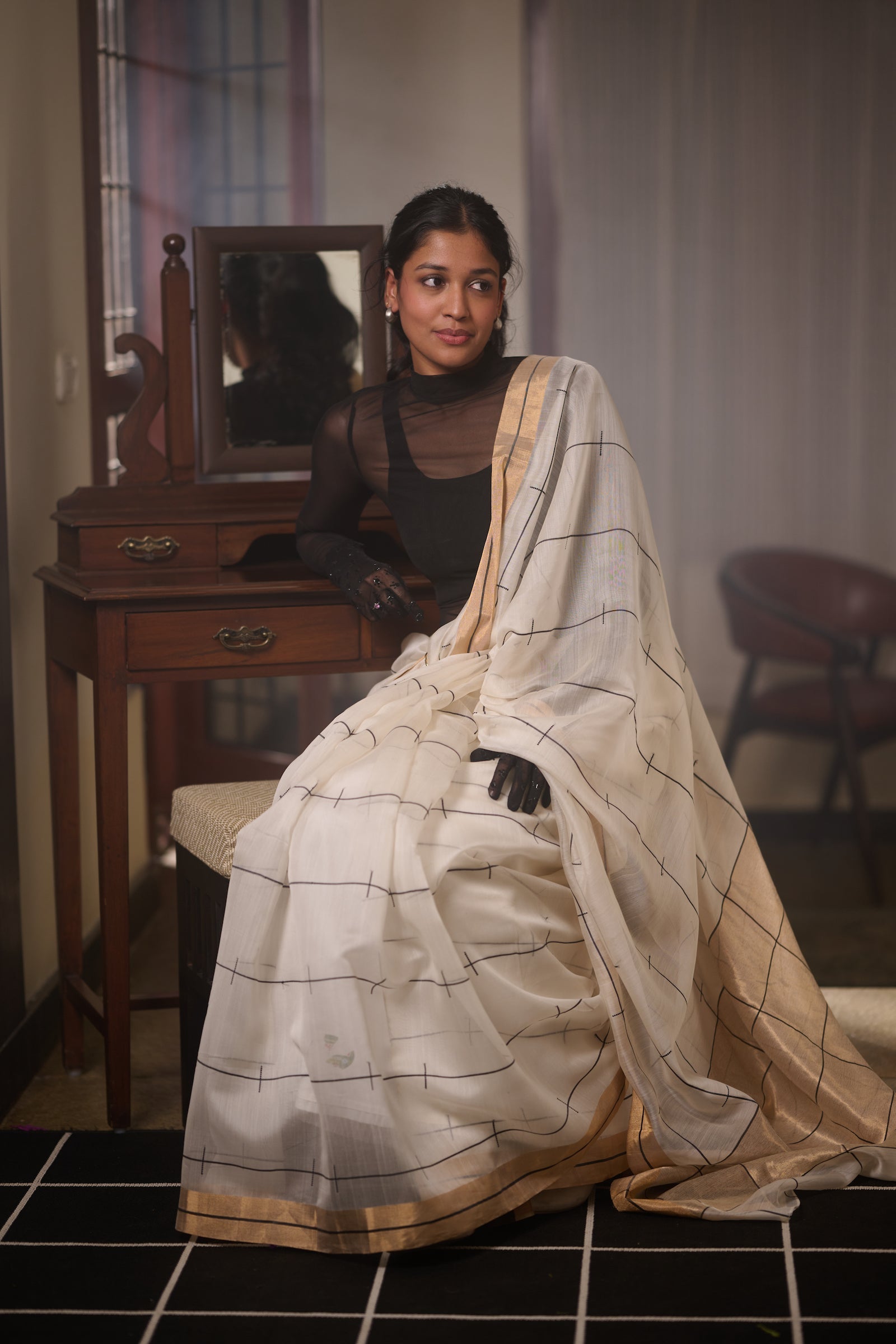 Chanderi silk-cotton white saree