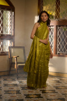 Linen zari checks green saree