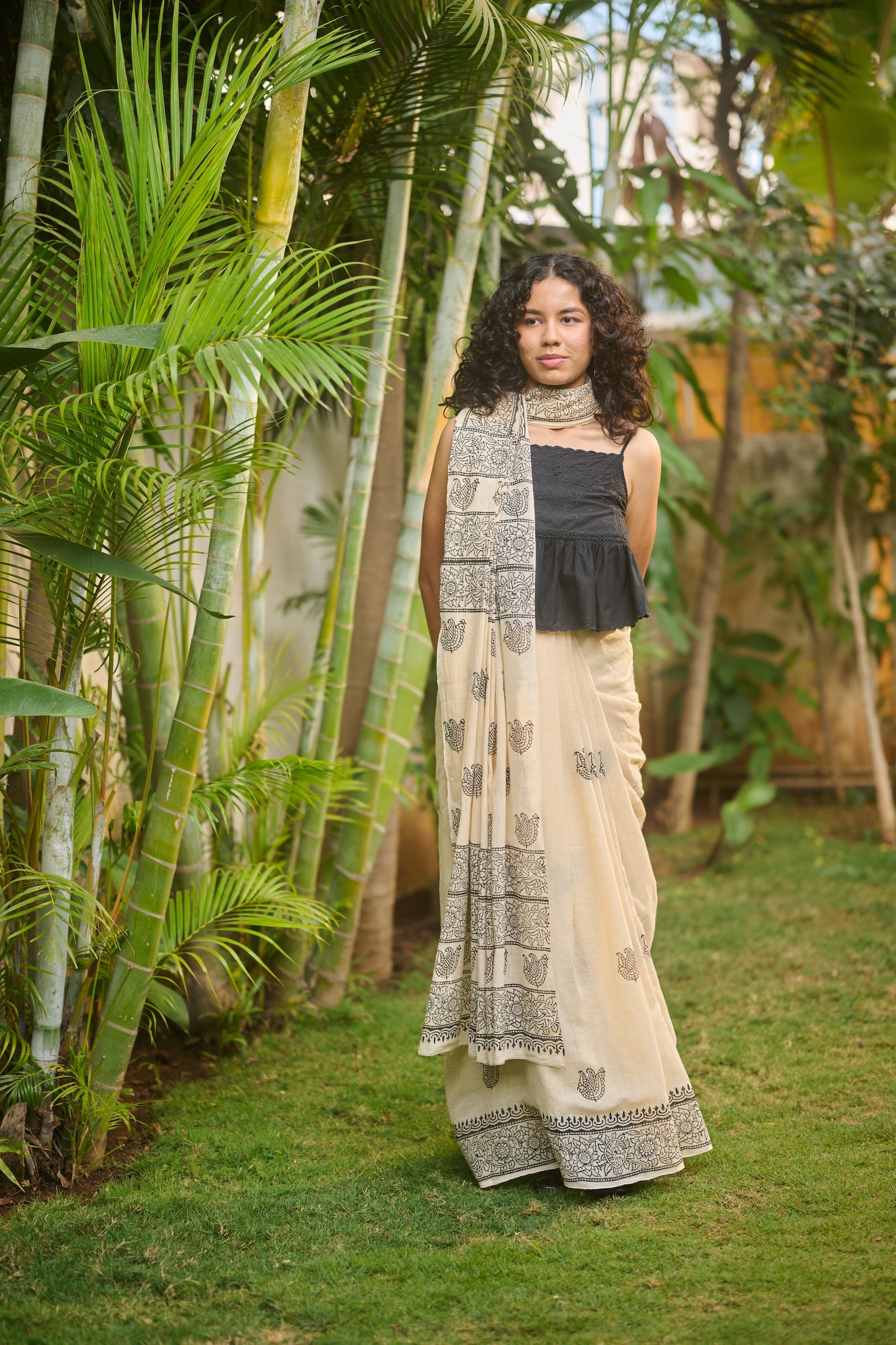 Mul cotton hand block print cream saree