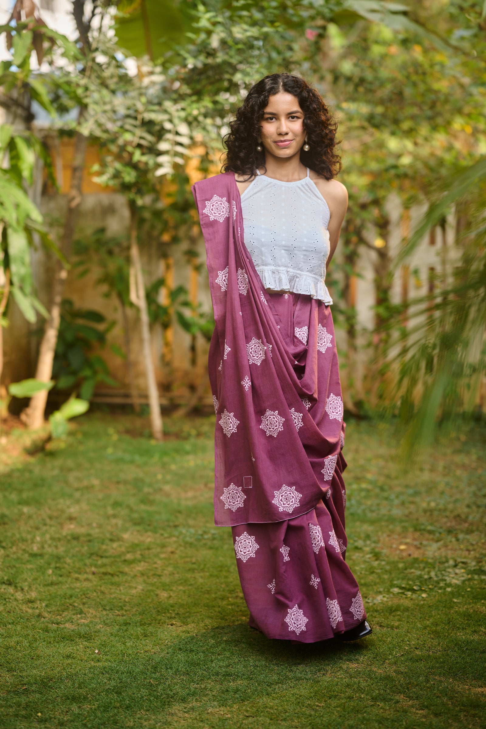 Mul cotton hand block print wine saree