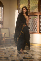 Mul cotton zari border black saree