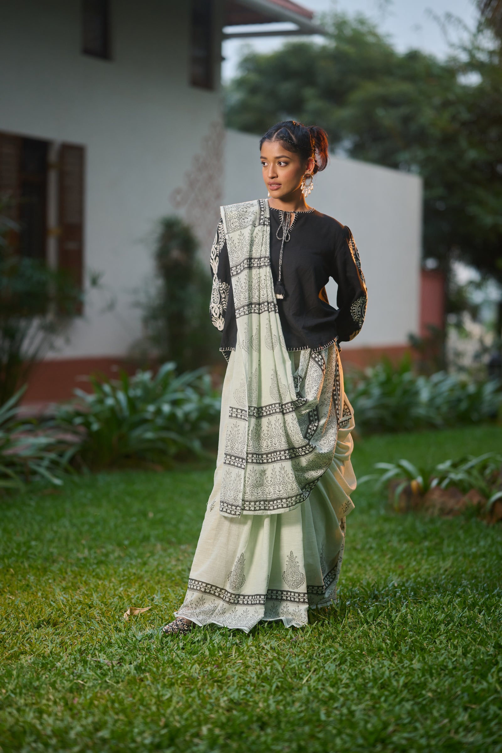 Mul cotton hand block print green saree