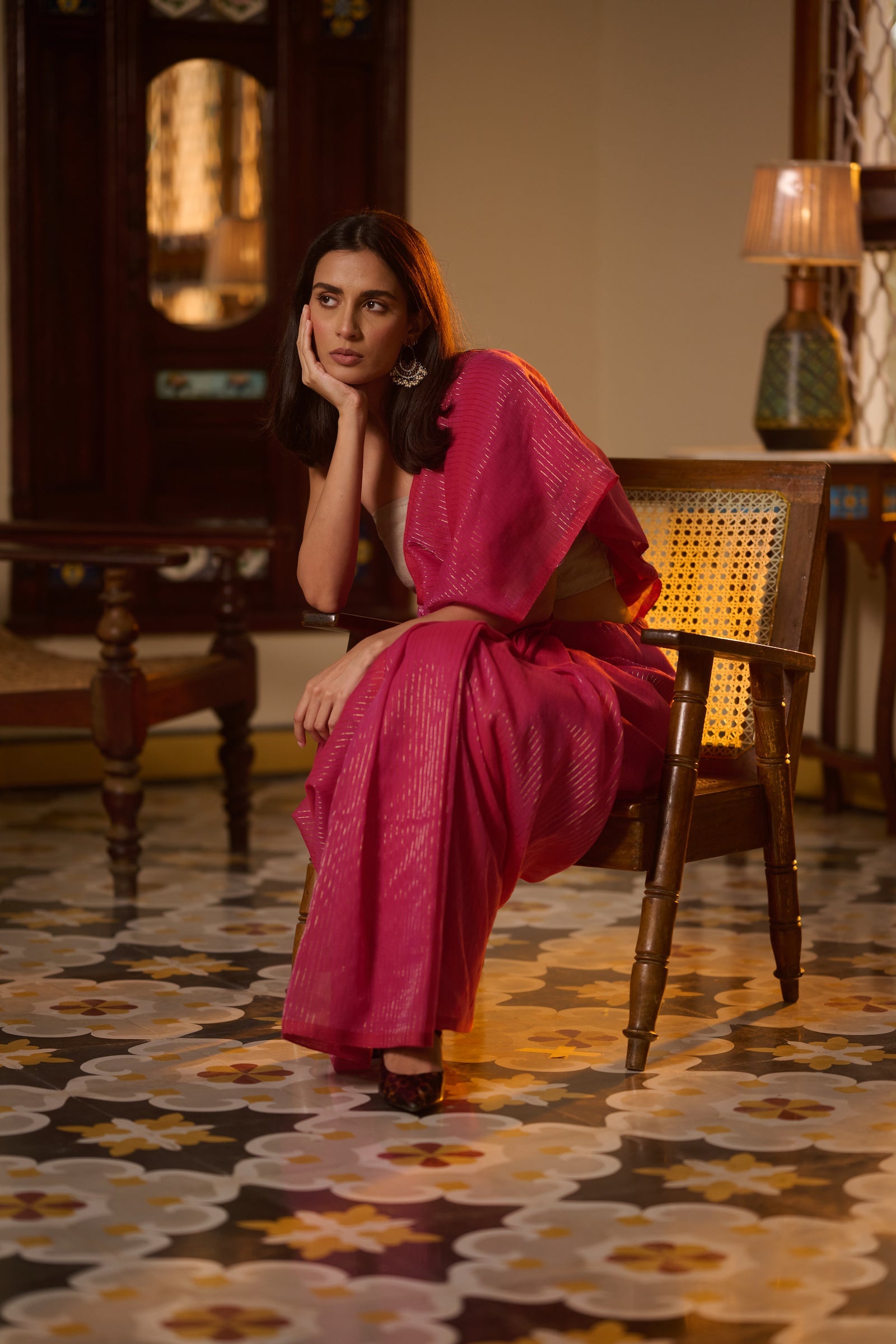 Mul cotton handwoven hot pink saree