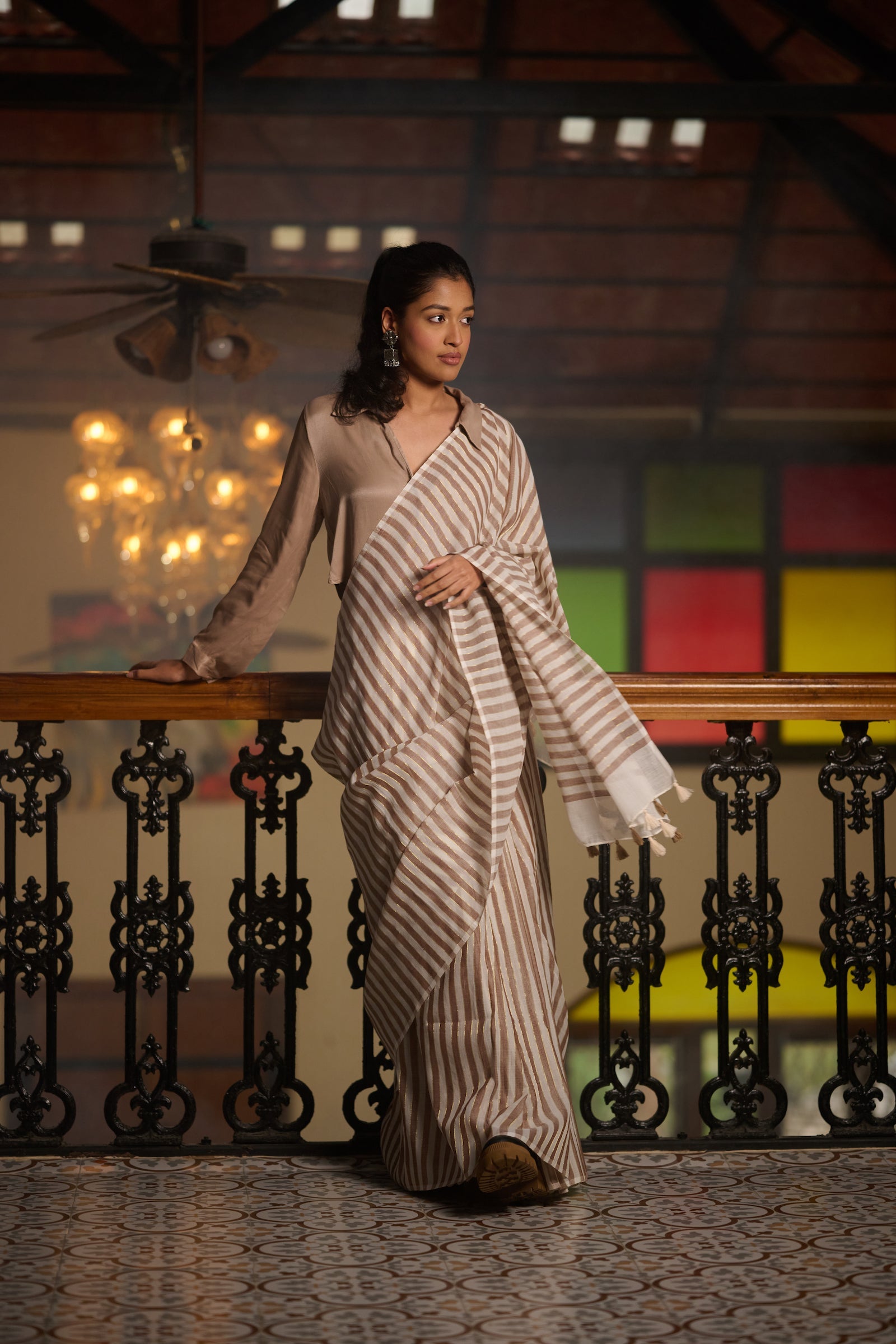 Mul cotton brown white stripe saree