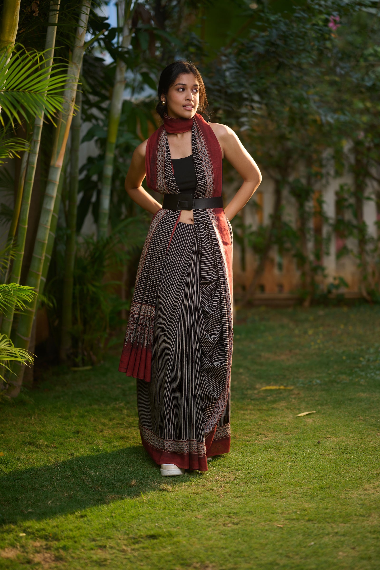 Ajrakh black red mul cotton saree