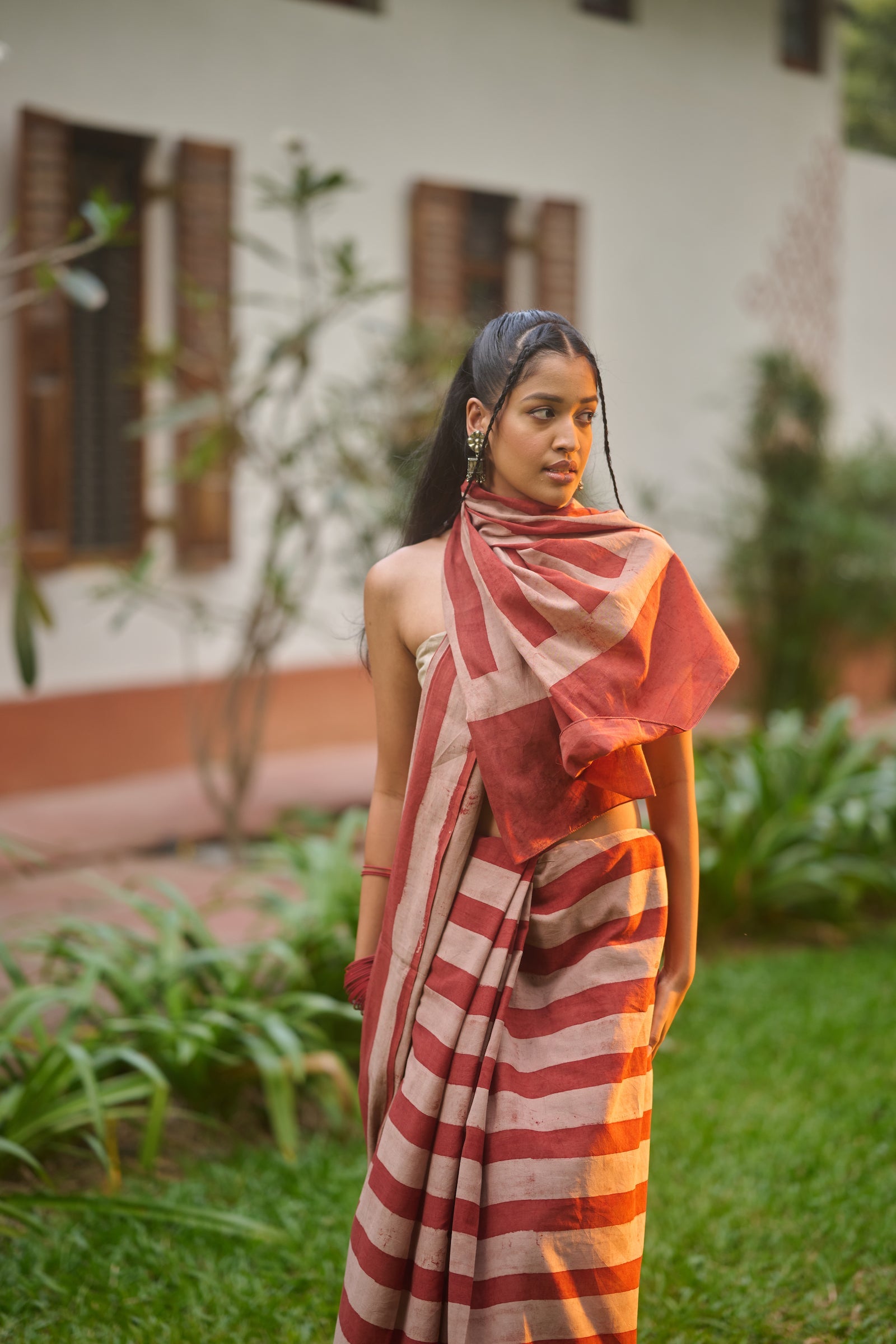 Ajrakh red pink mul cotton saree