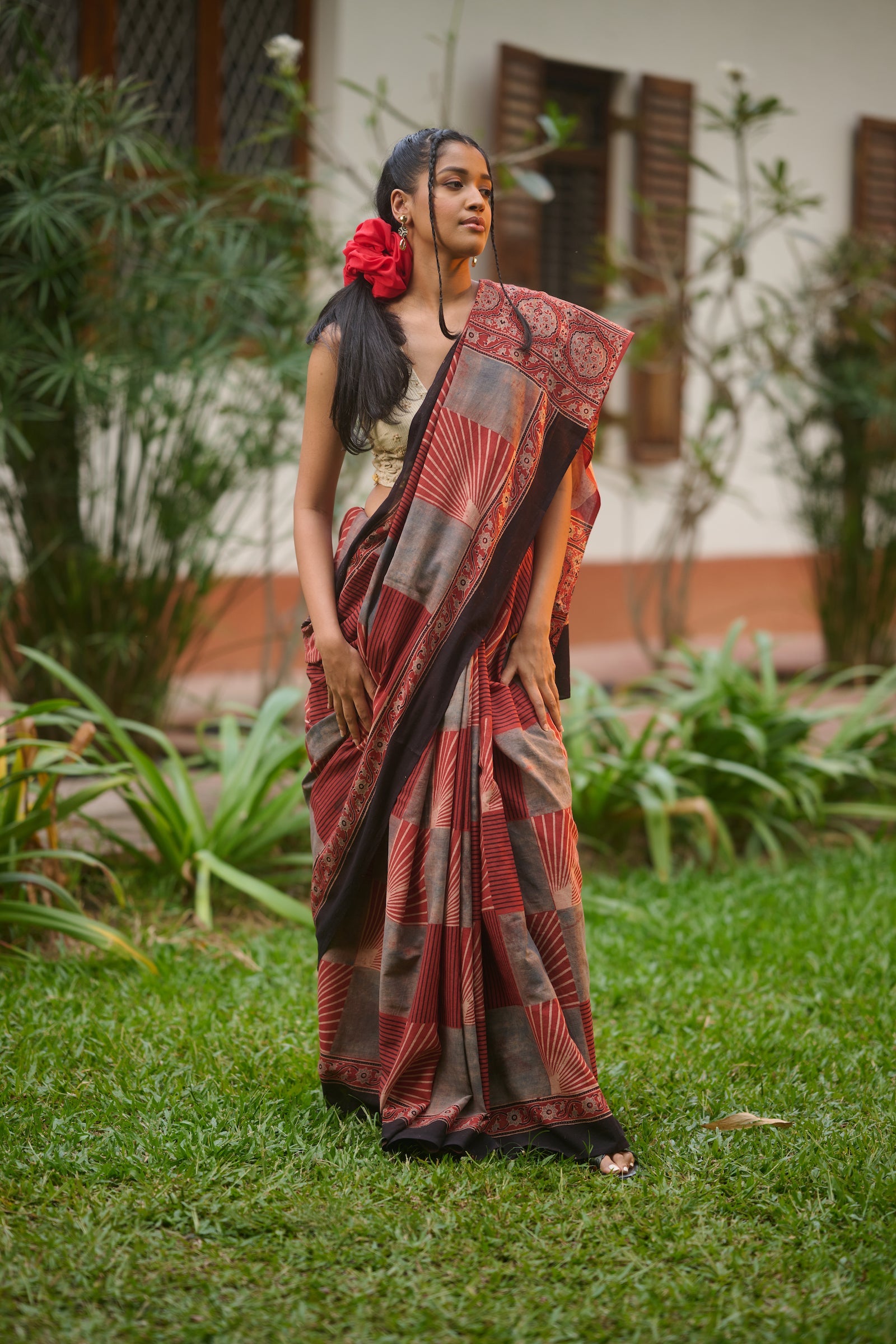 Ajrakh red mul cotton saree