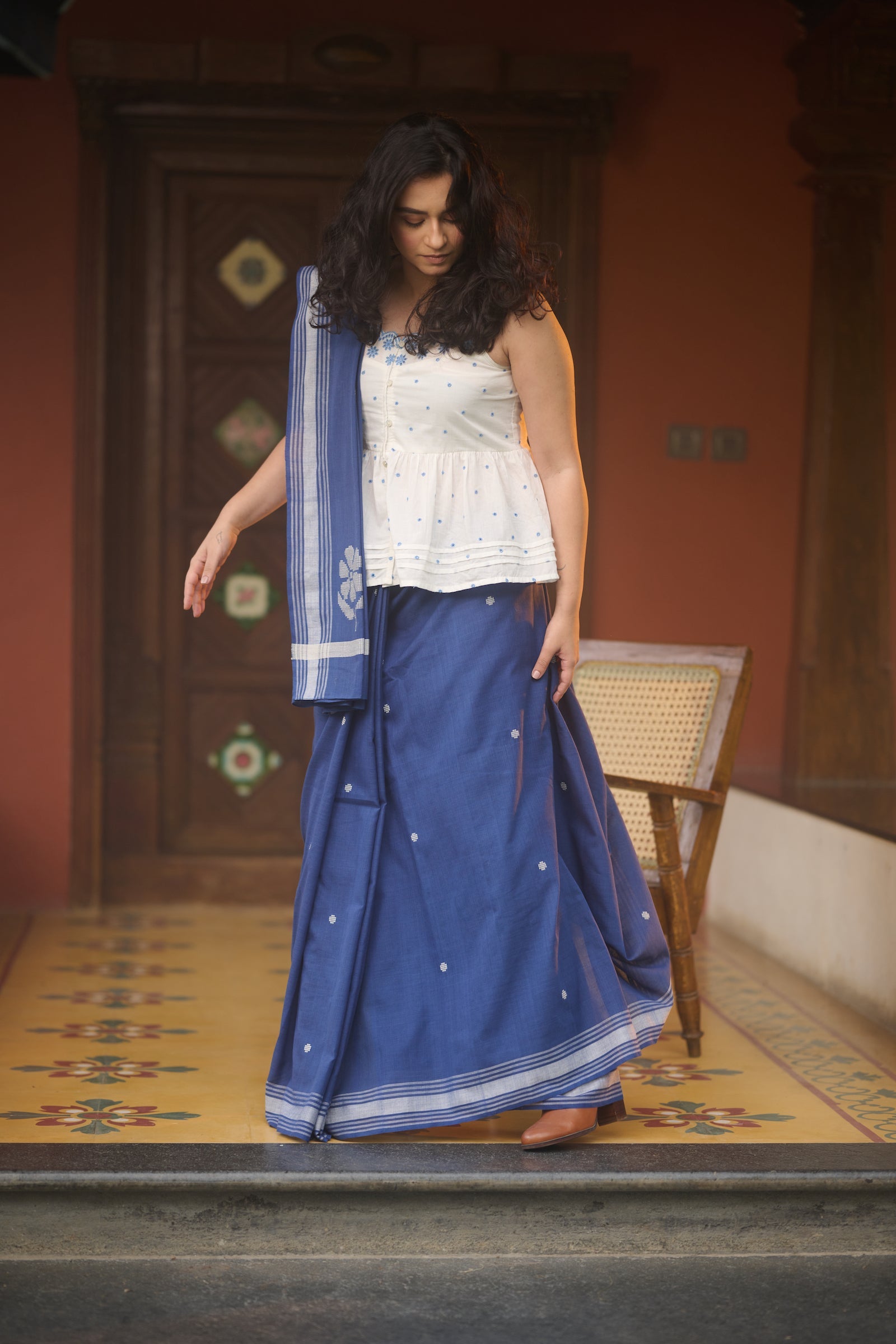 Indigo cotton baawan buti saree