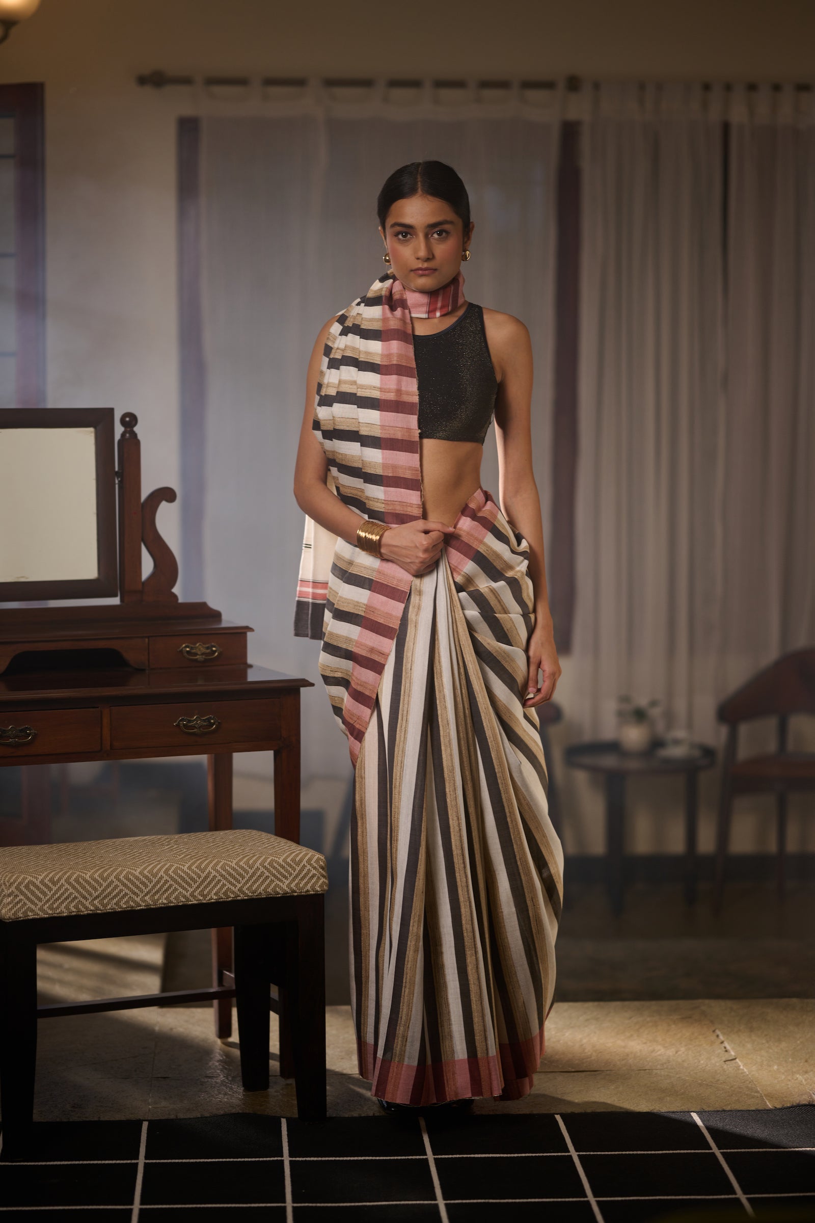 Black brown stripe silk saree