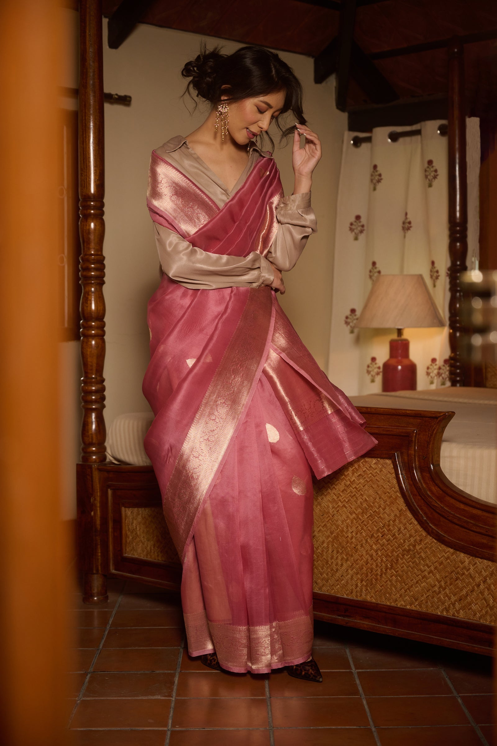 Banarasi organza silk pink saree