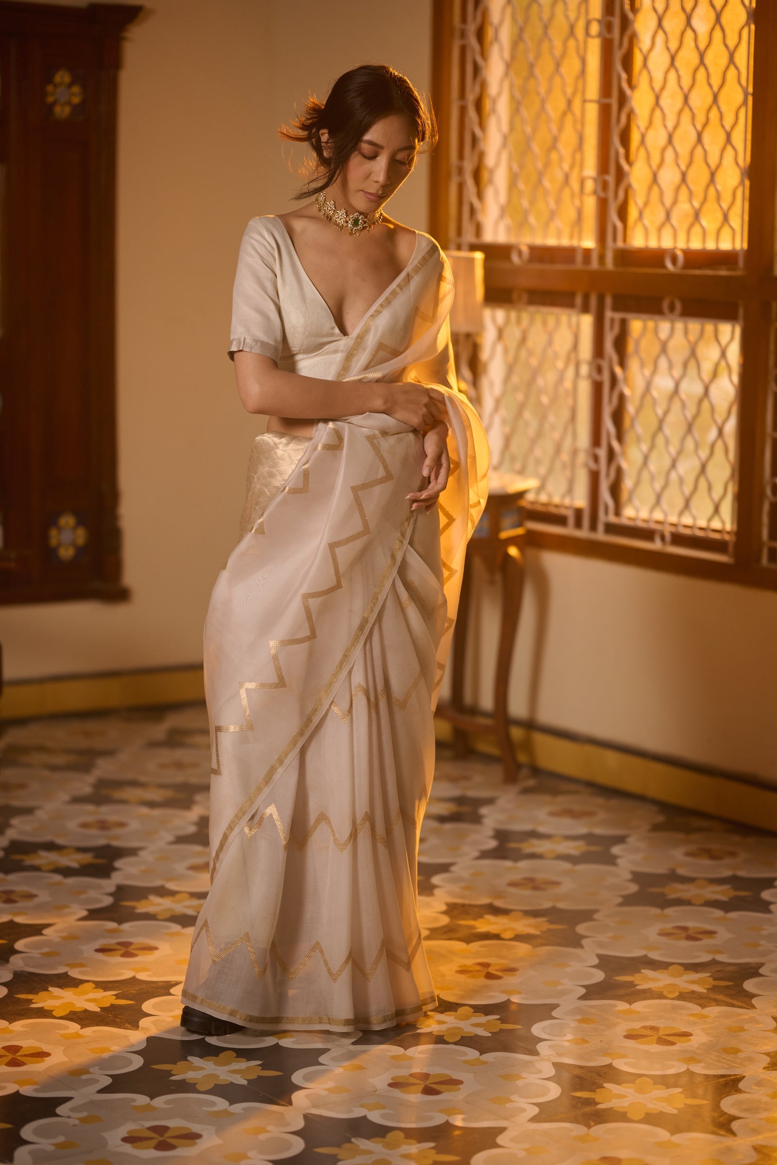 Banarasi organza silk white saree
