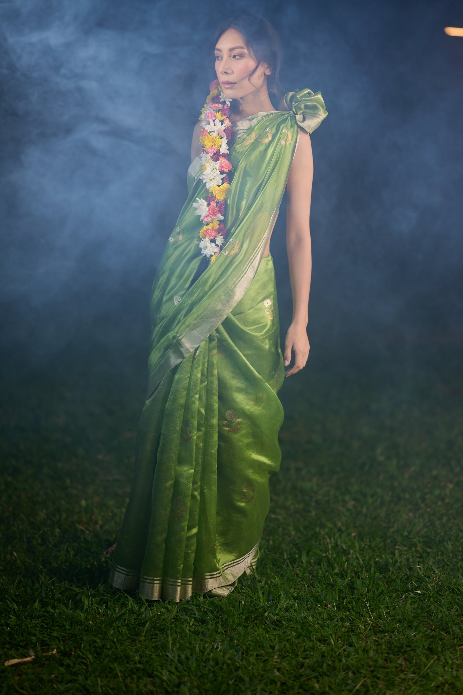Chanderi silk green zari border saree