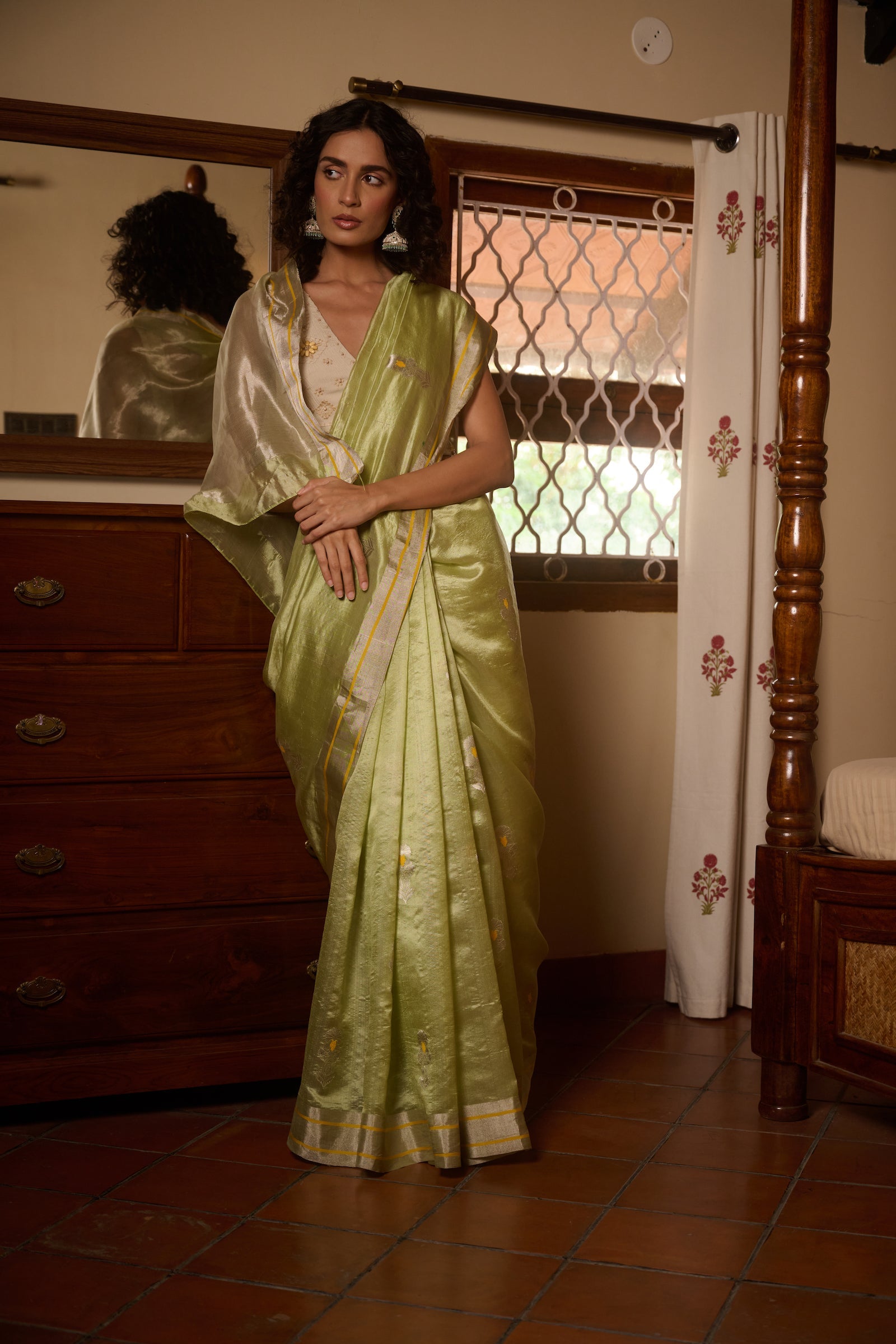 Chanderi silk green yellow buti saree