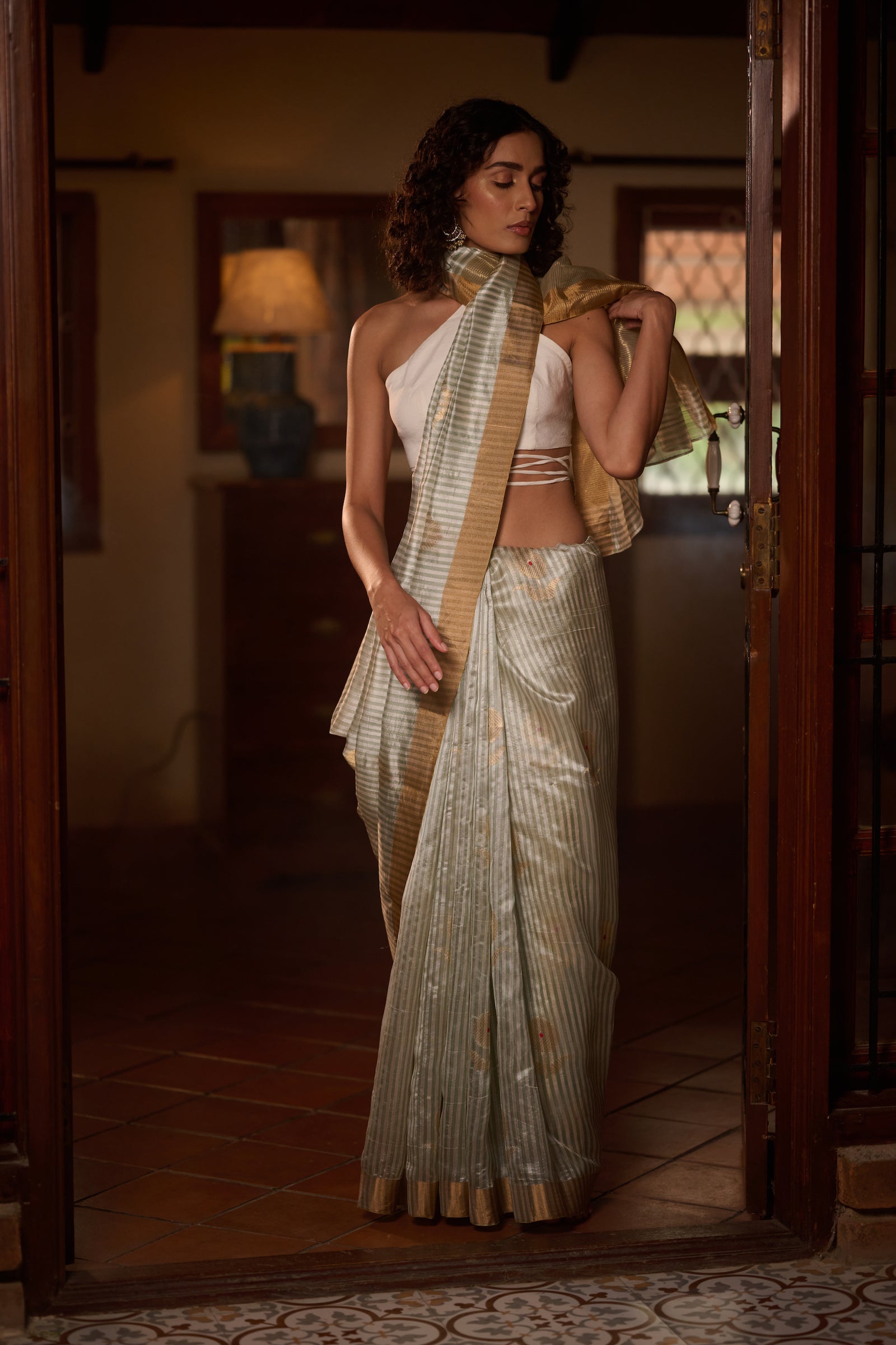 Chanderi silk green- white stripe saree