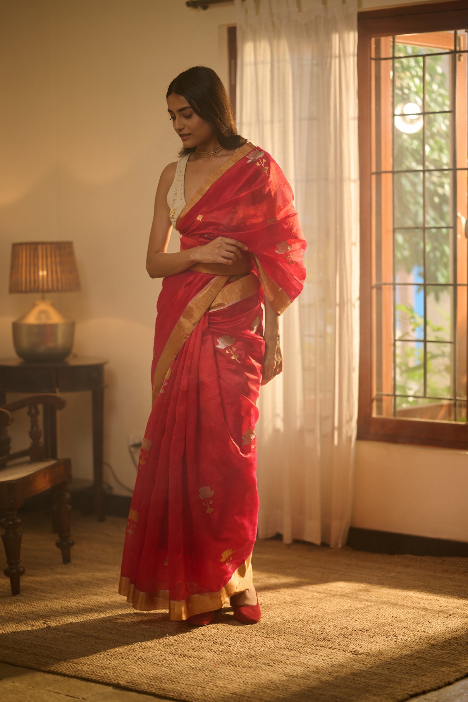 Chanderi silk red lotus buta saree