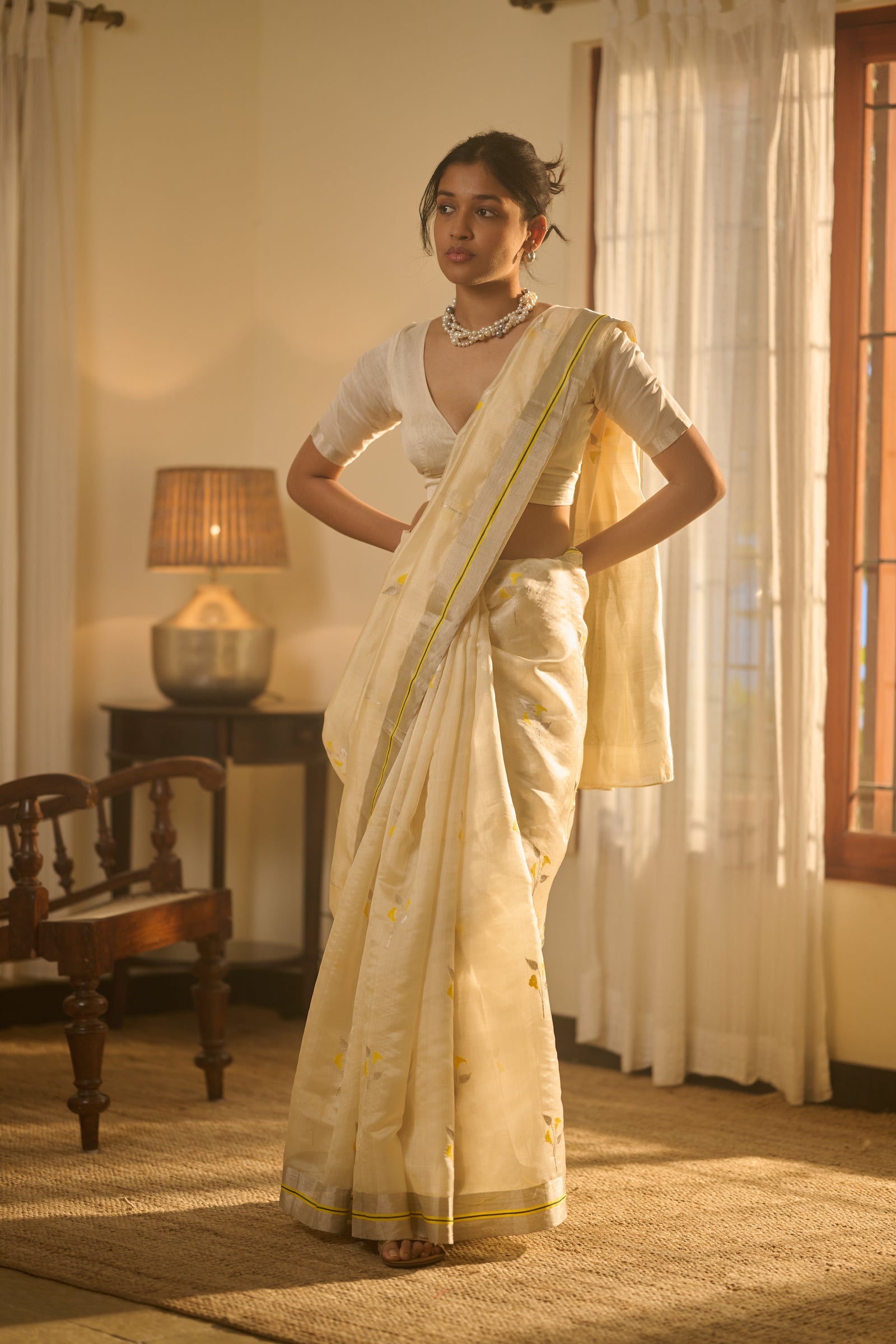 Chanderi silk off-white silk saree