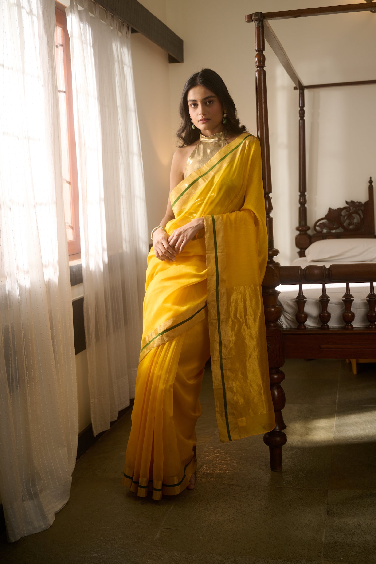 Chanderi silk-cotton yellow zari border saree