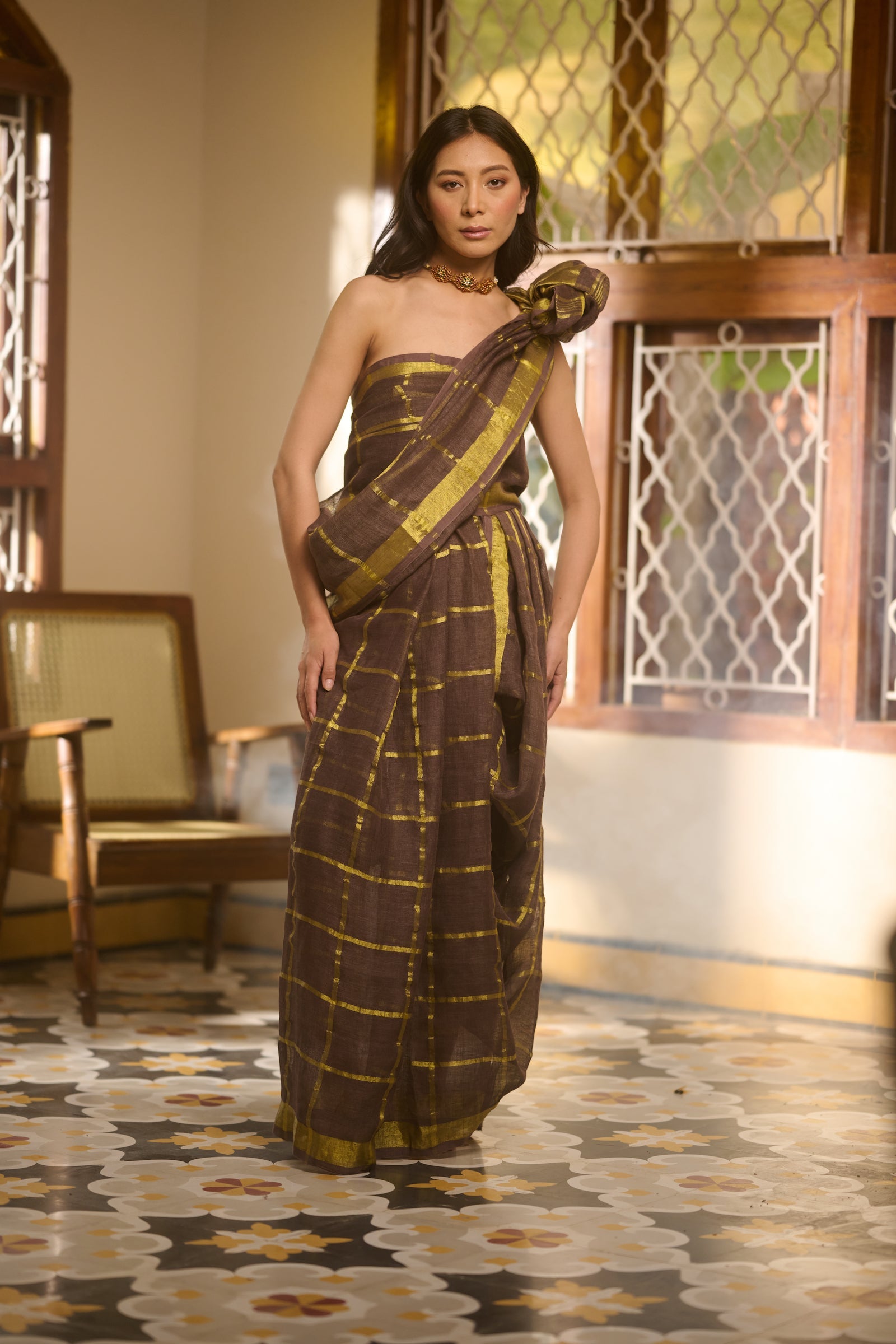 Linen zari checks brown saree