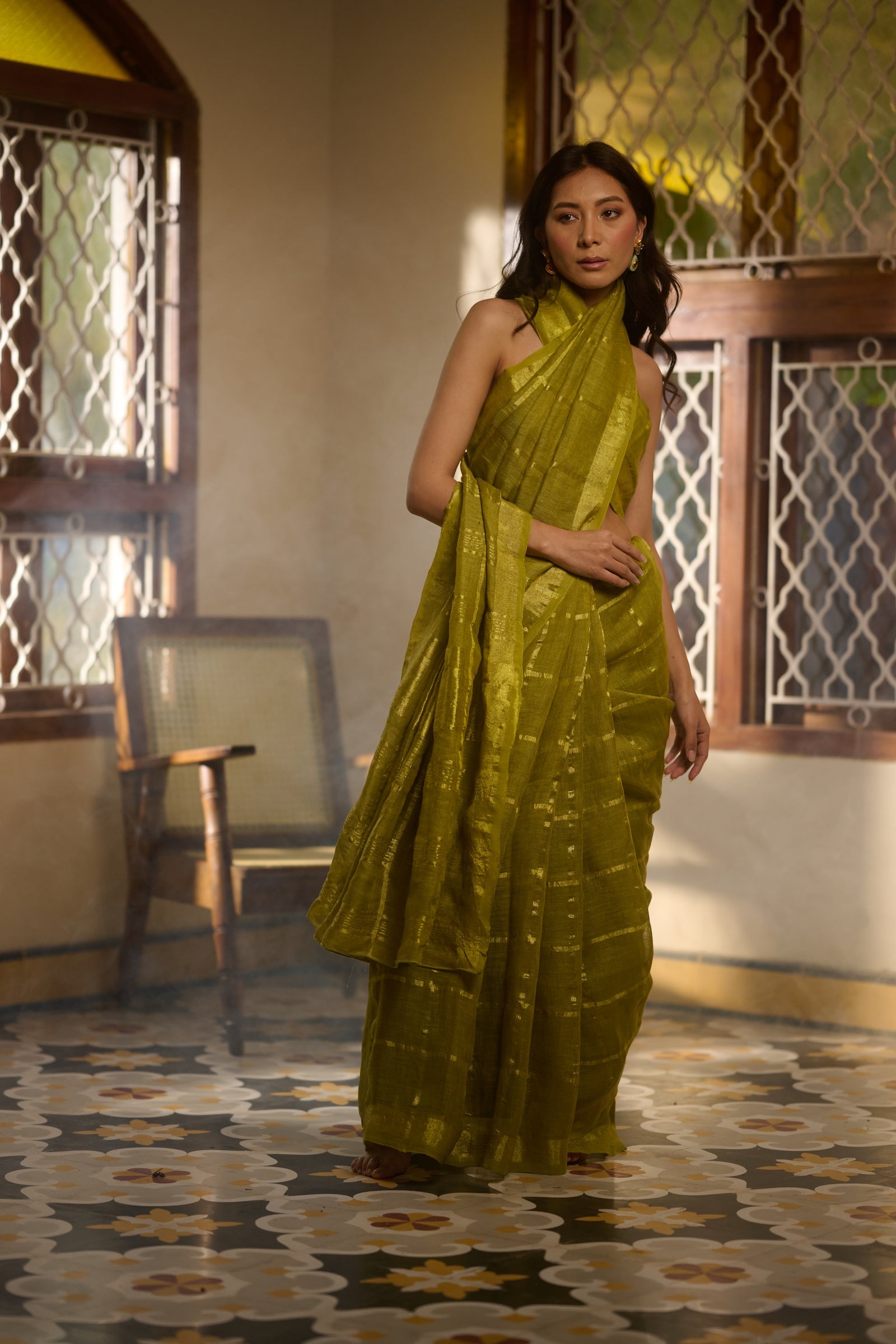Linen zari checks green saree