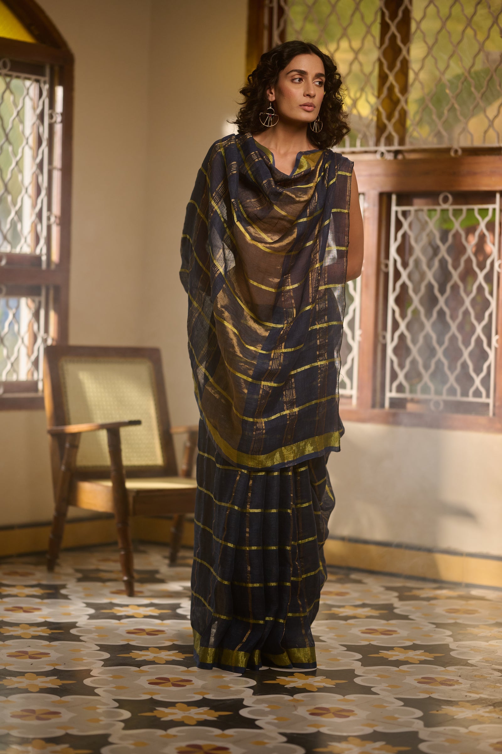 Linen zari checks navi blue saree