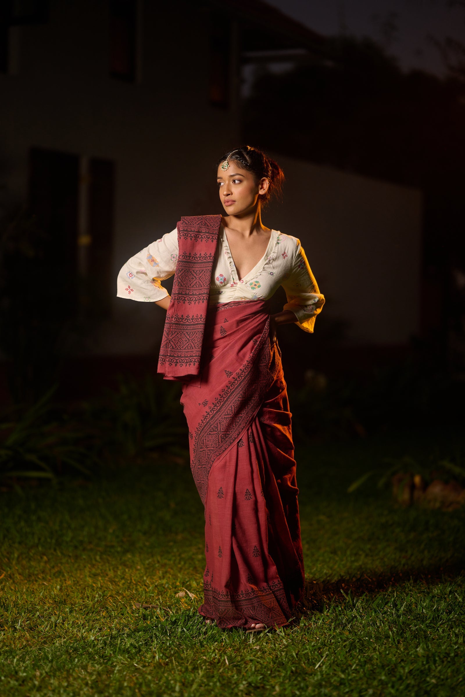 Mul cotton hand block print red saree