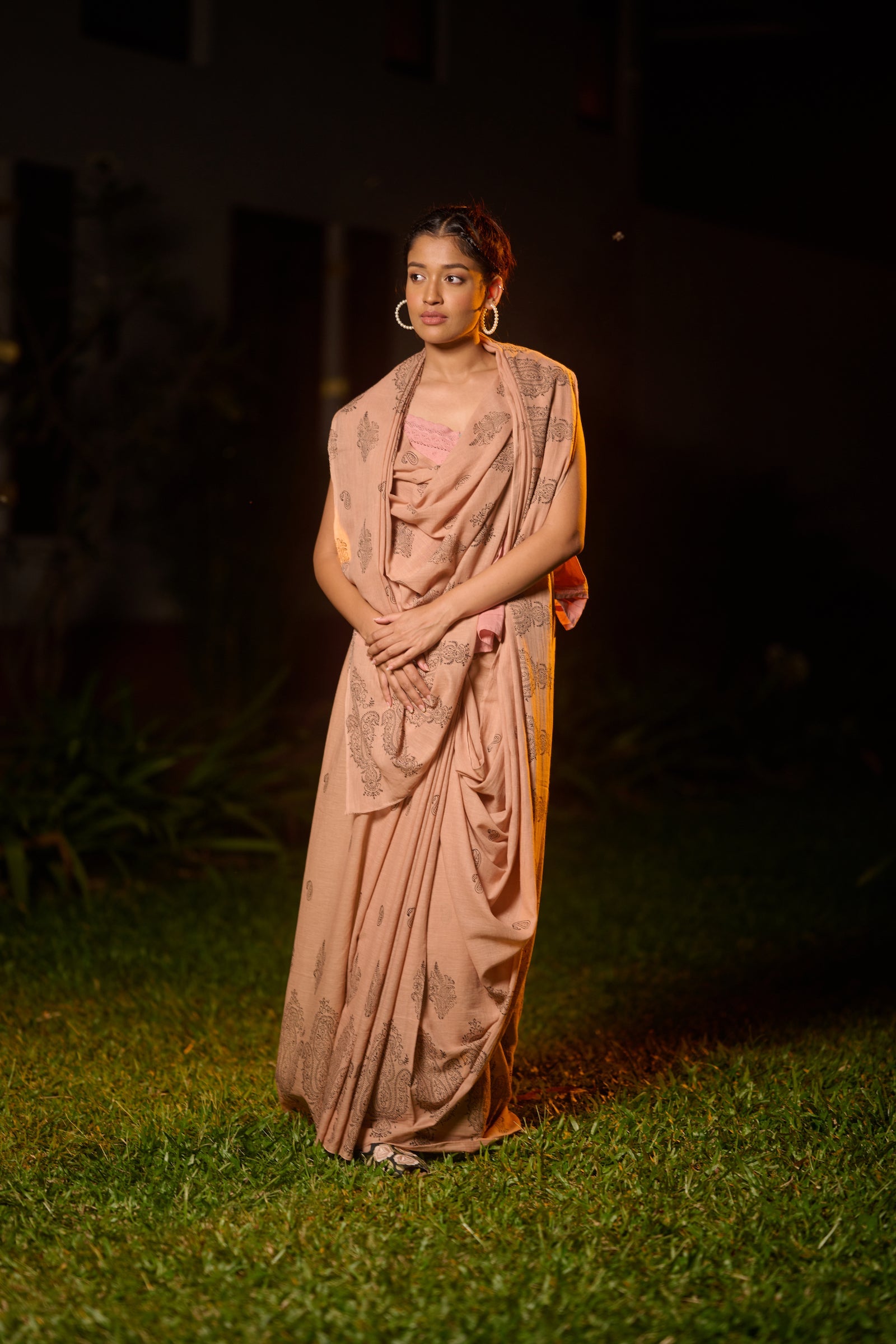 Mul cotton hand block print ivory saree