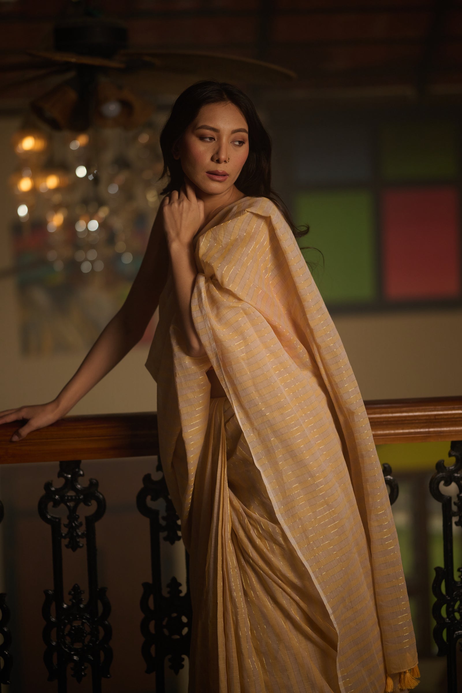 Mul cotton orange pink stripe saree