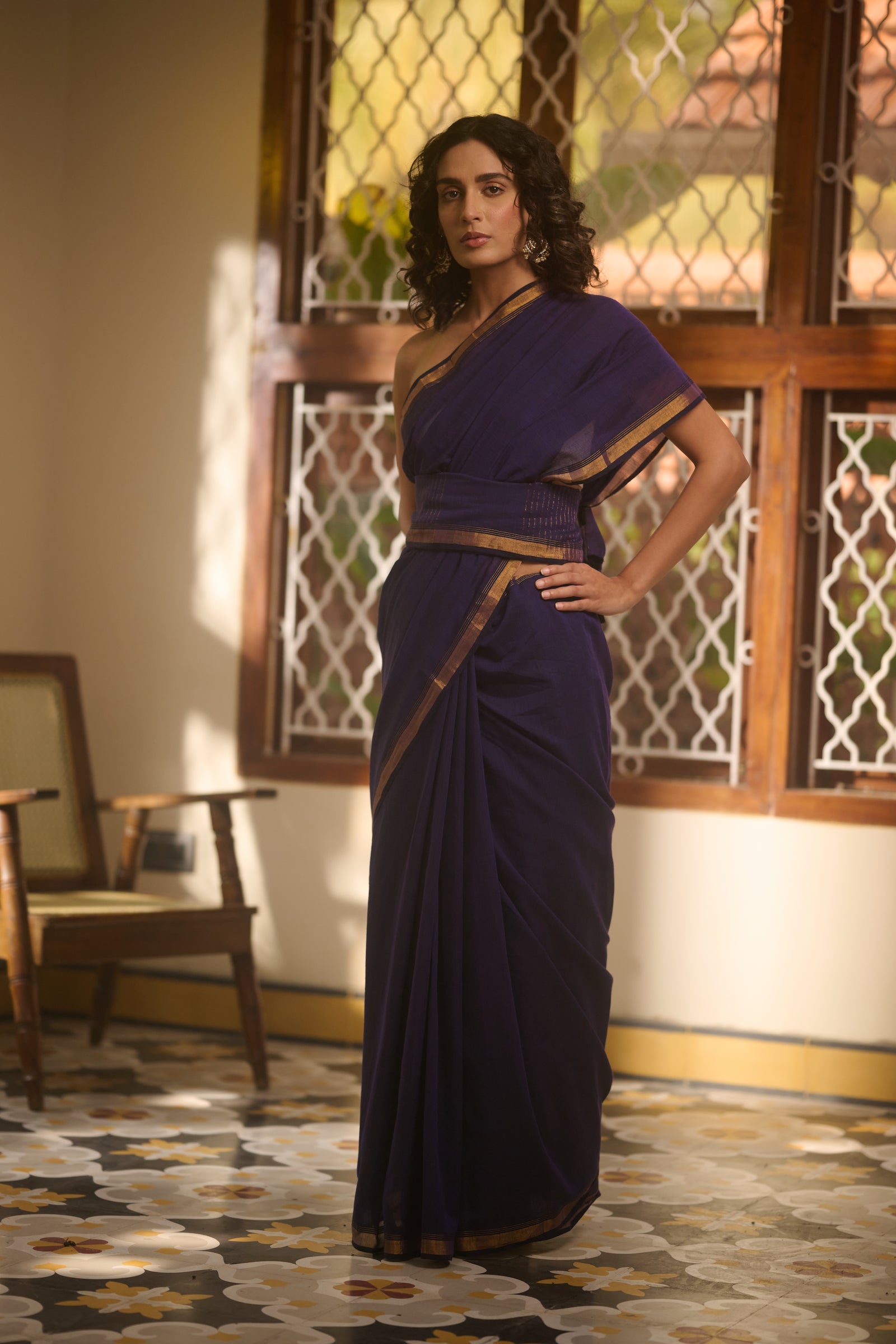 Mul cotton zari border purple saree