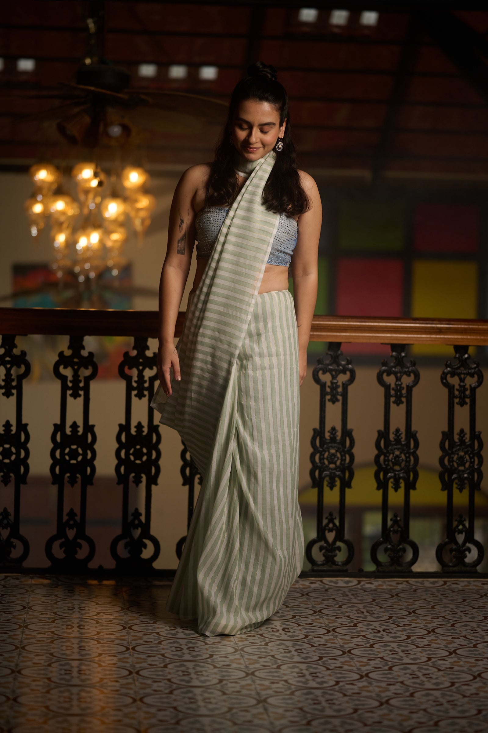 Mul cotton green white stripe saree