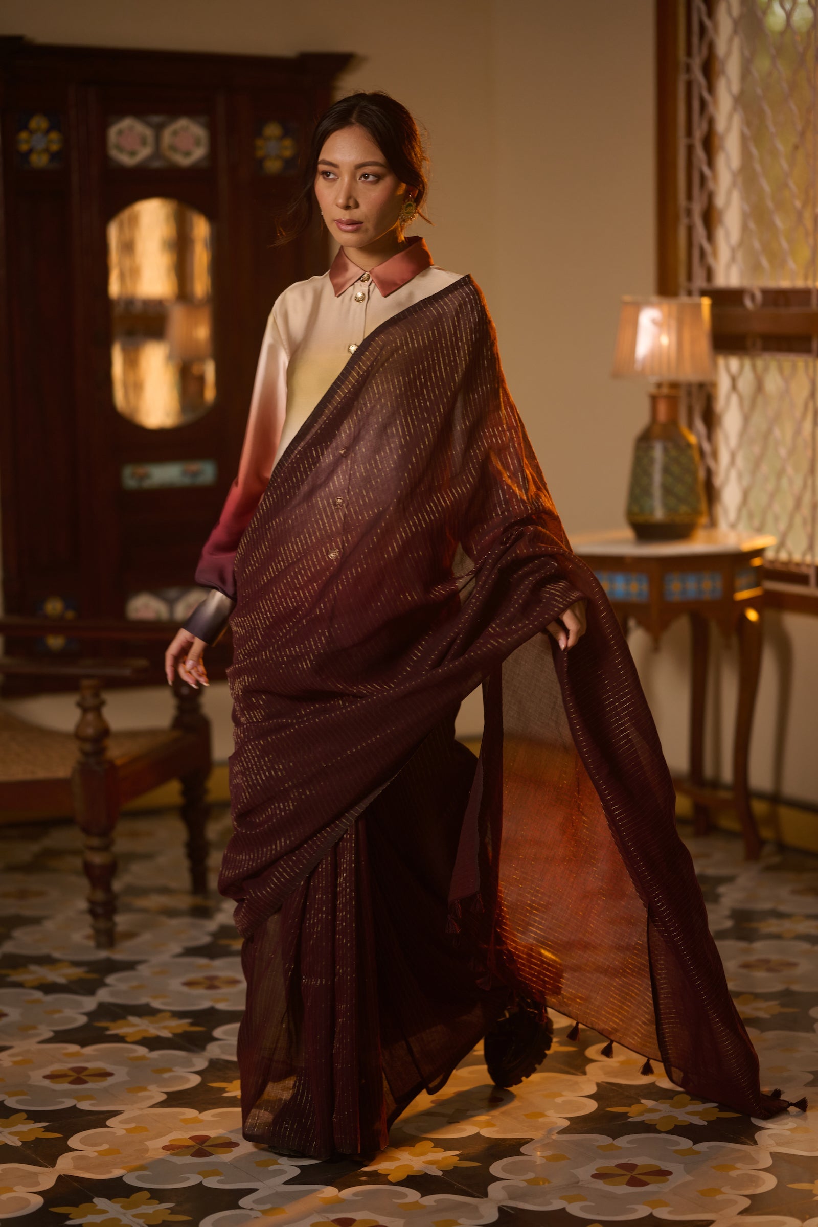Mul cotton handwoven wine saree